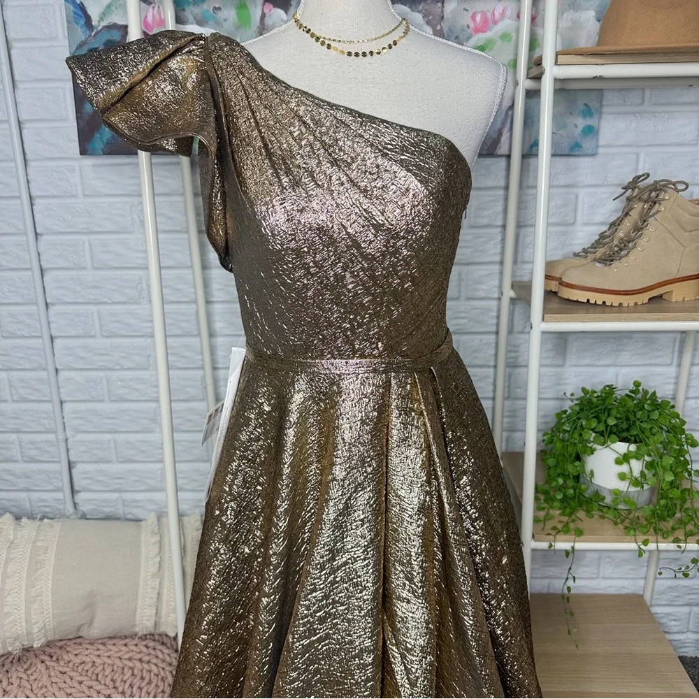 Mac Duggal 67297 New One Shoulder Metallic Ballgown Antique Bronze (12) - Picture 7 of 9